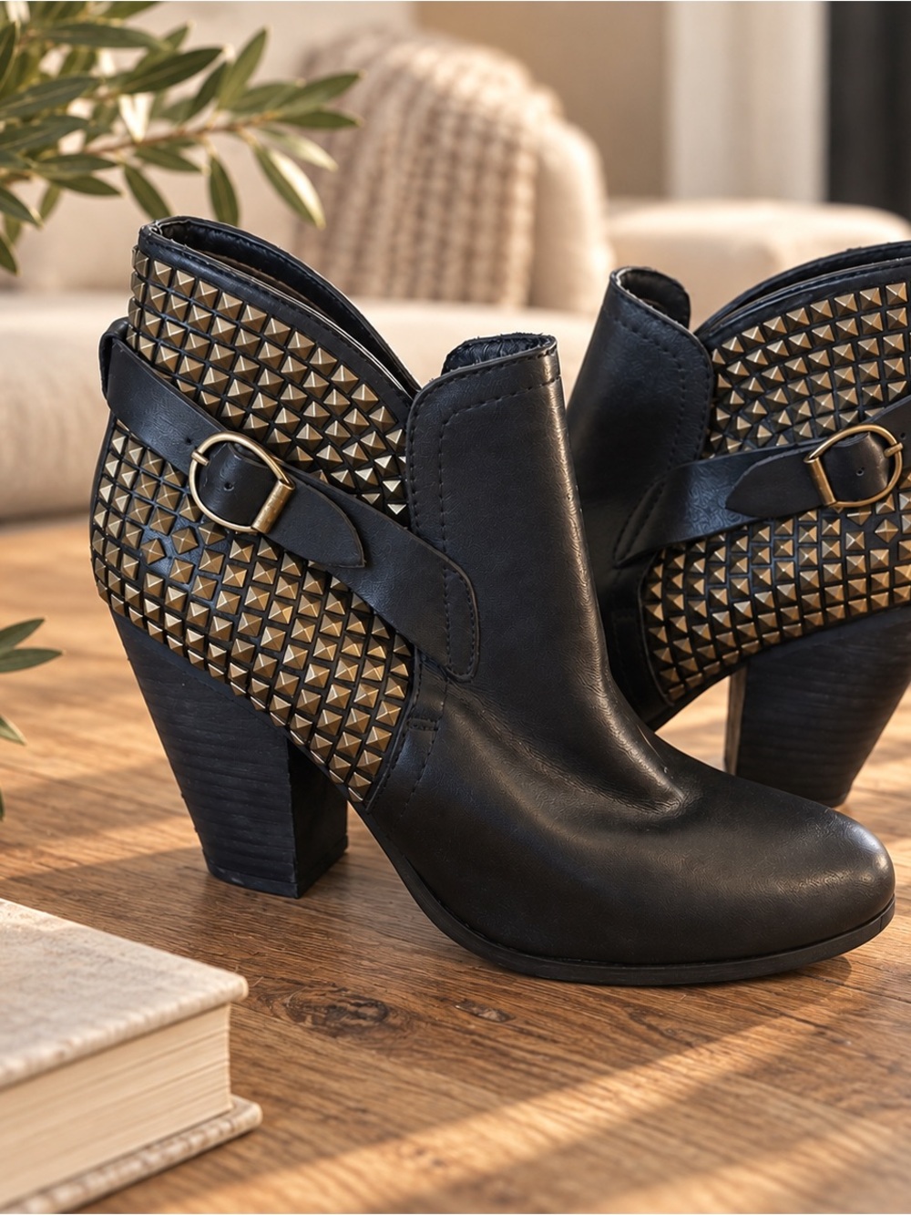Steve Madden Black Ankle Booties with Gold Stud Accents